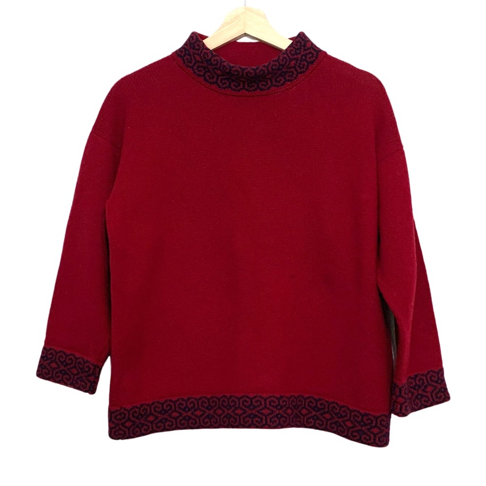 Vintage Red High Neck Nordic Sweater Red Navy Blue Old Town Knitwear Large